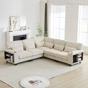 Streamdale L-Shaped Corduroy Sectional Sofa with Storage & Cup Holder