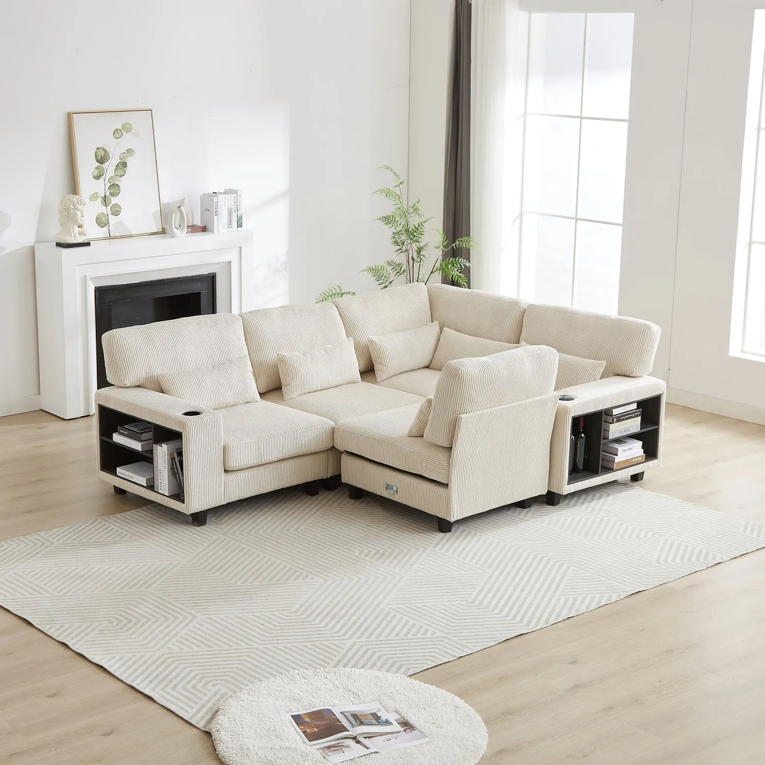 Streamdale L-Shaped Corduroy Sectional Sofa with Storage & Cup Holder