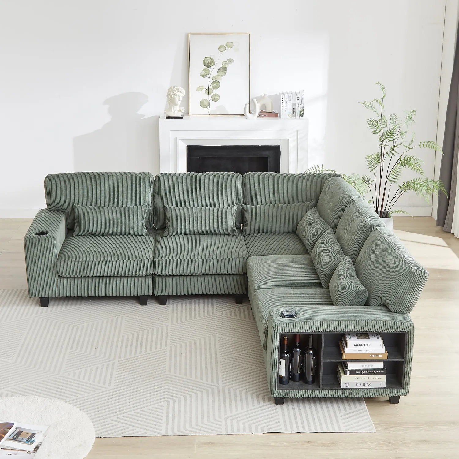 Streamdale L-Shaped Corduroy Sectional Sofa with Storage & Cup Holder