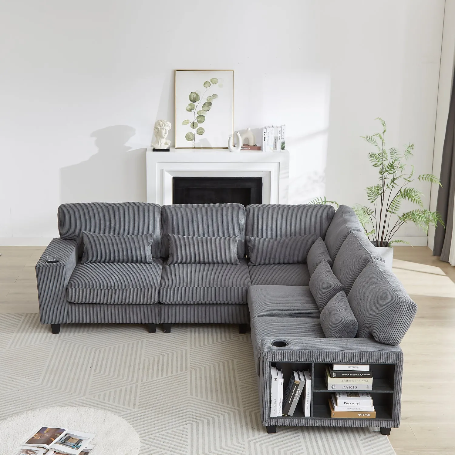 Streamdale L-Shaped Corduroy Sectional Sofa with Storage & Cup Holder
