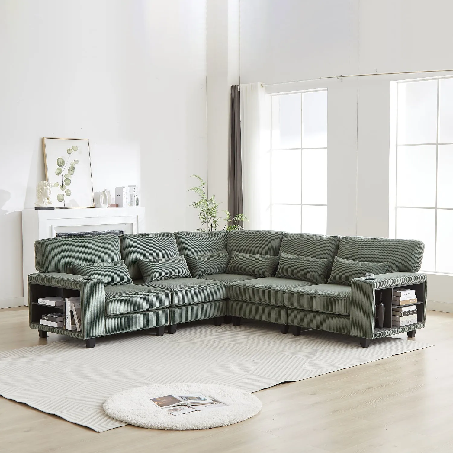 Streamdale L-Shaped Corduroy Sectional Sofa with Storage & Cup Holder