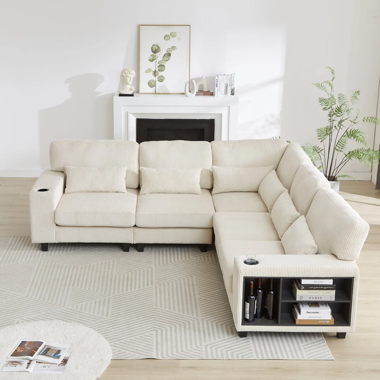 Streamdale L-Shaped Corduroy Sectional Sofa with Storage & Cup Holder