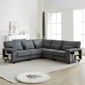 Streamdale L-Shaped Corduroy Sectional Sofa with Storage & Cup Holder