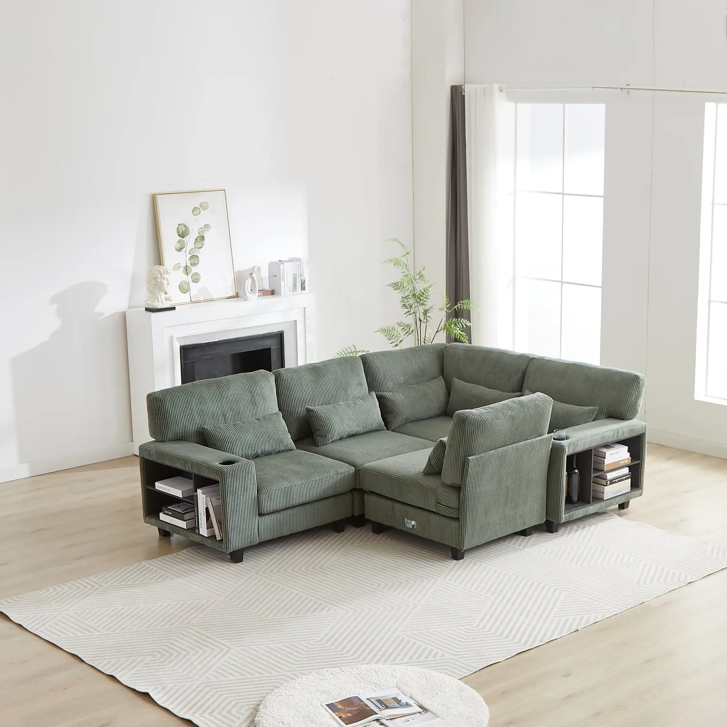 Streamdale L-Shaped Corduroy Sectional Sofa with Storage & Cup Holder