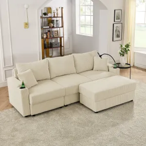 Streamdale L-Shaped Corduroy Sofa with Ottoman, Storage & Cup Holders
