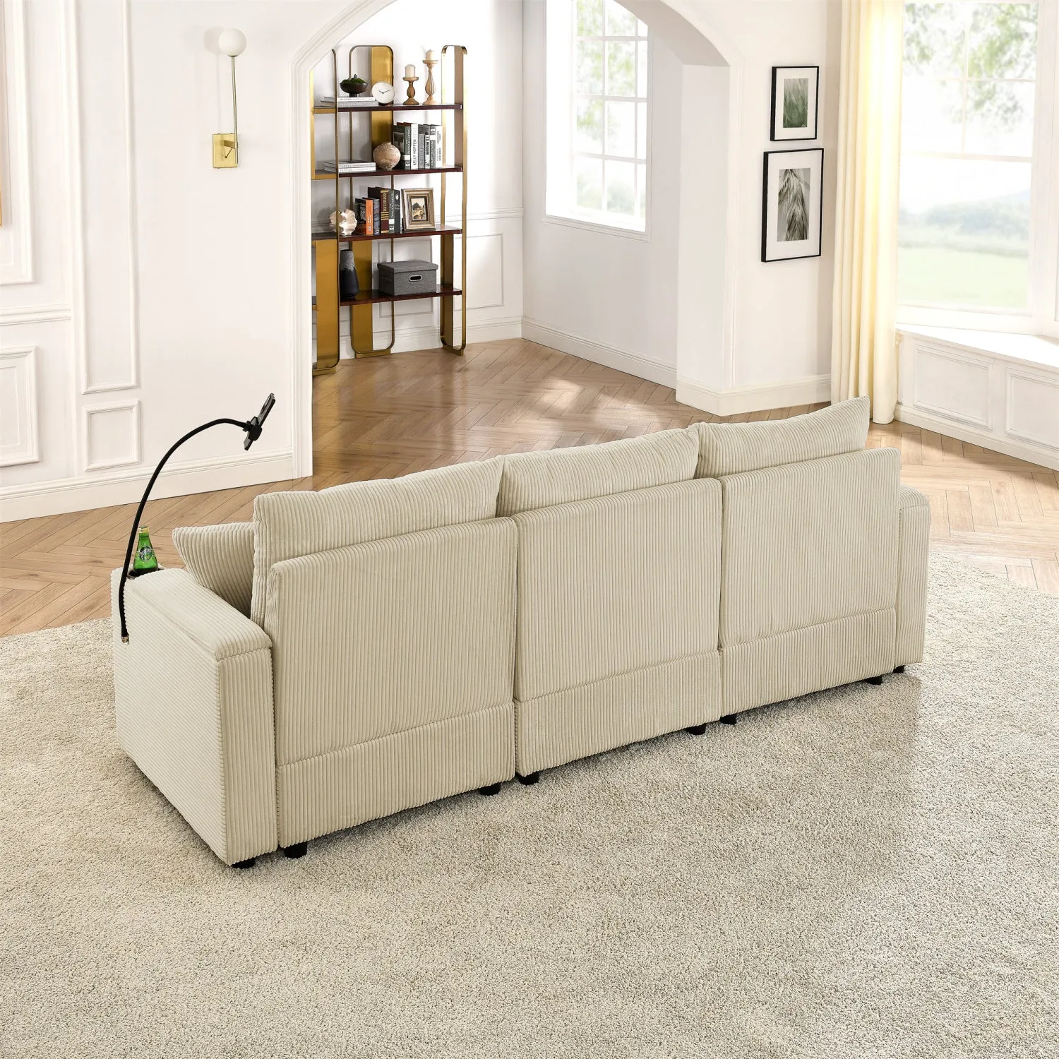 Streamdale L-Shaped Corduroy Sofa with Ottoman, Storage & Cup Holders