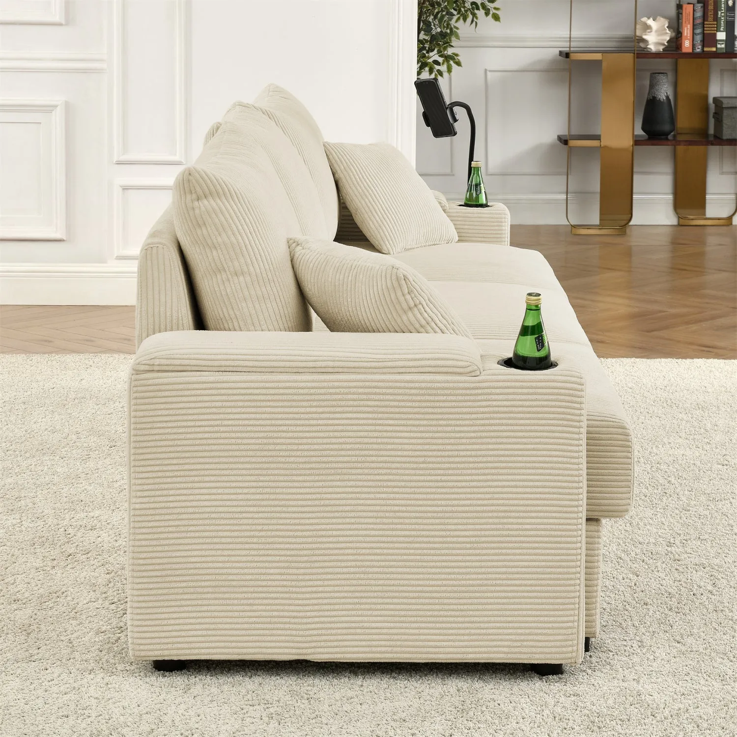 Streamdale L-Shaped Corduroy Sofa with Ottoman, Storage & Cup Holders