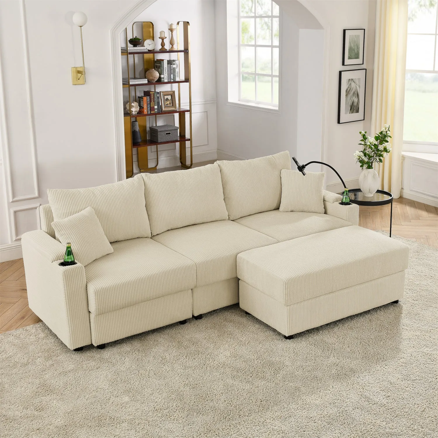 Streamdale L-Shaped Corduroy Sofa with Ottoman, Storage & Cup Holders