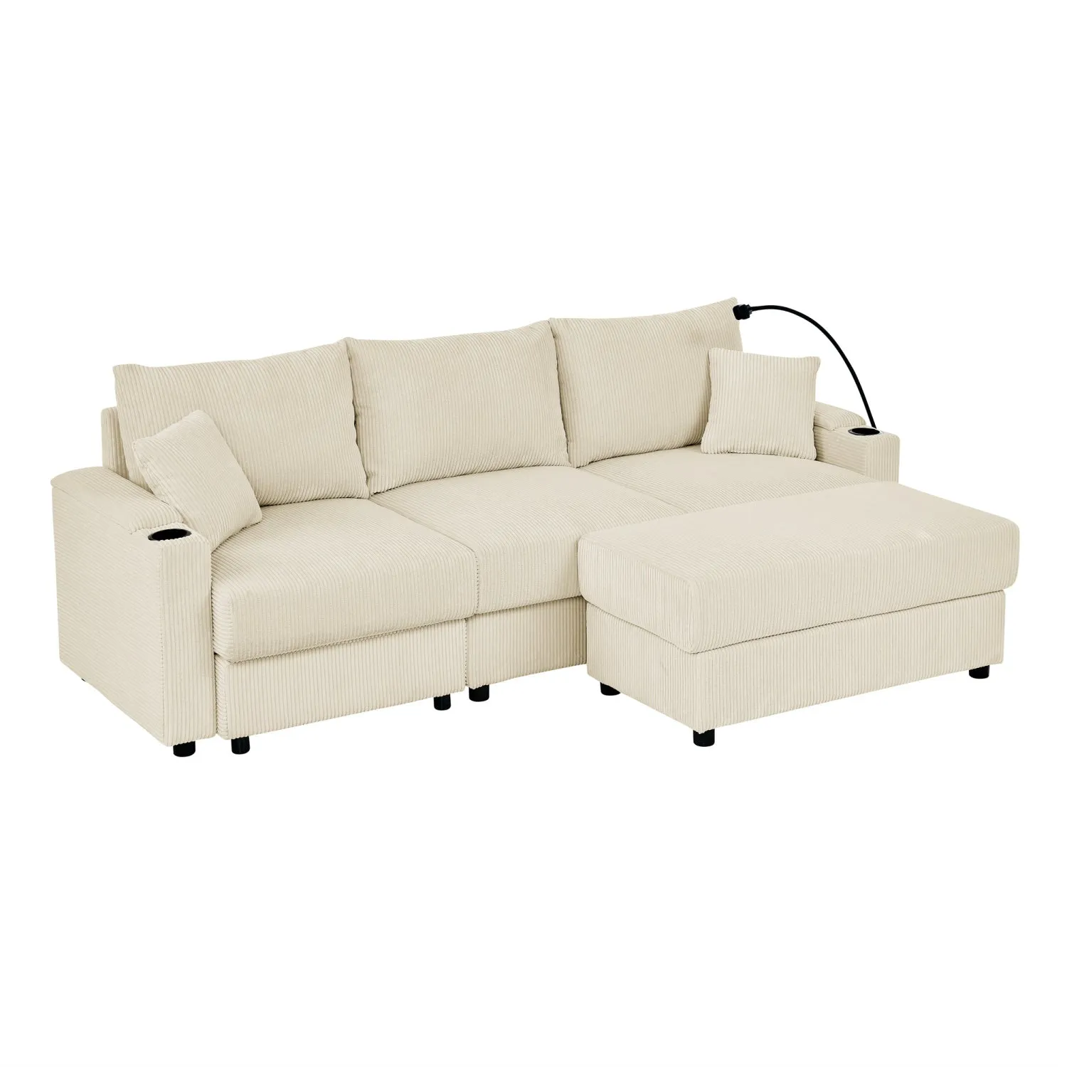 Streamdale L-Shaped Corduroy Sofa with Ottoman, Storage & Cup Holders
