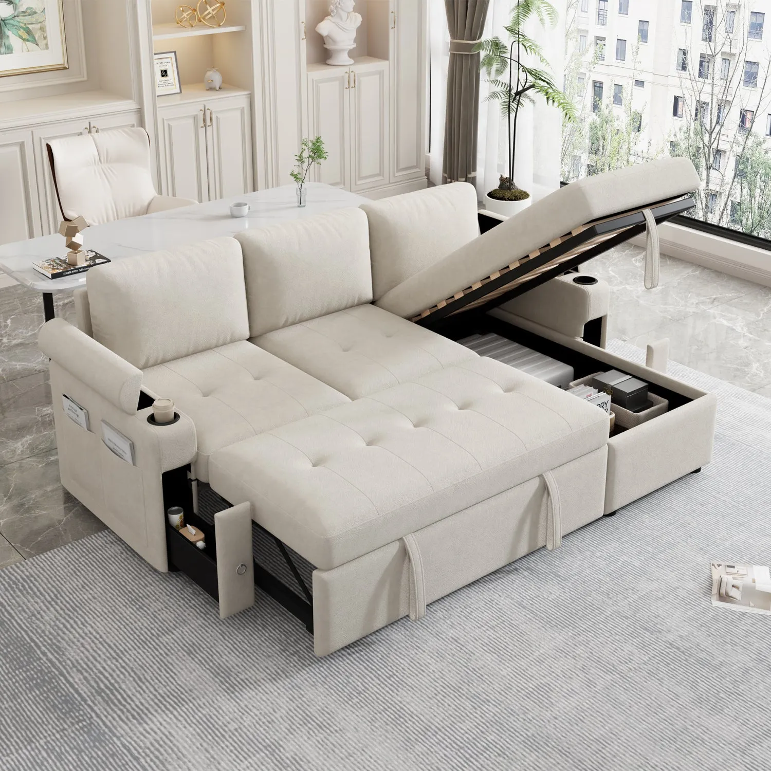 Streamdale L-Shaped Sofa Bed with Storage, Cup Holders & USB