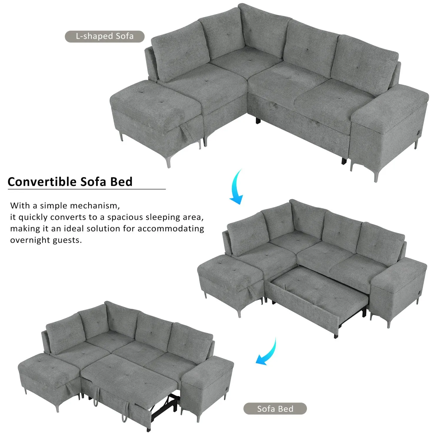 Streamdale L-Shaped Sofa Bed with Storage, Cup Holders & USB