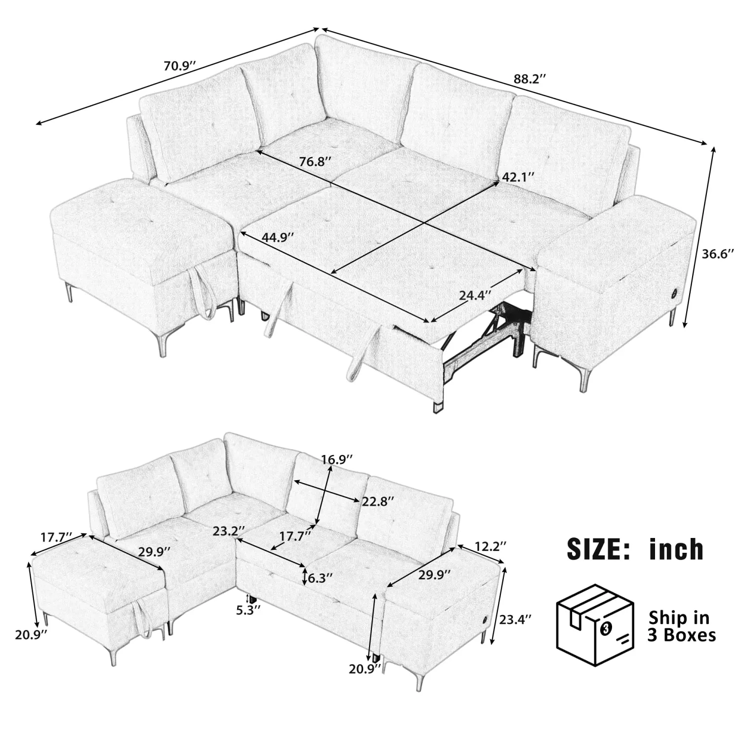 Streamdale L-Shaped Sofa Bed with Storage, Cup Holders & USB