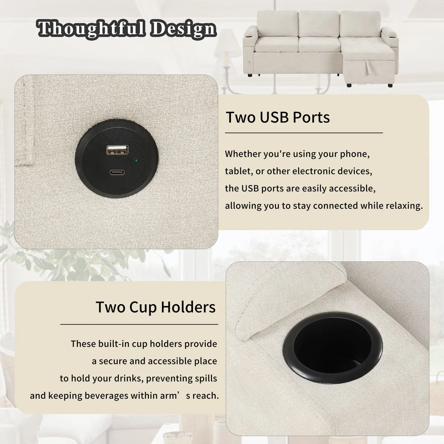 Streamdale L-Shaped Sofa Bed with Storage, Cup Holders & USB