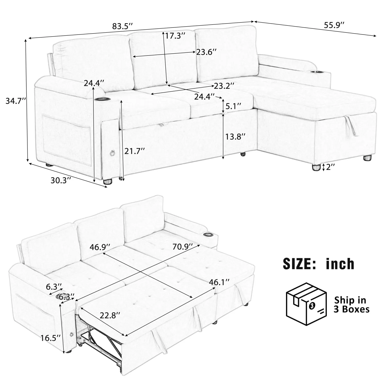 Streamdale L-Shaped Sofa Bed with Storage, Cup Holders & USB