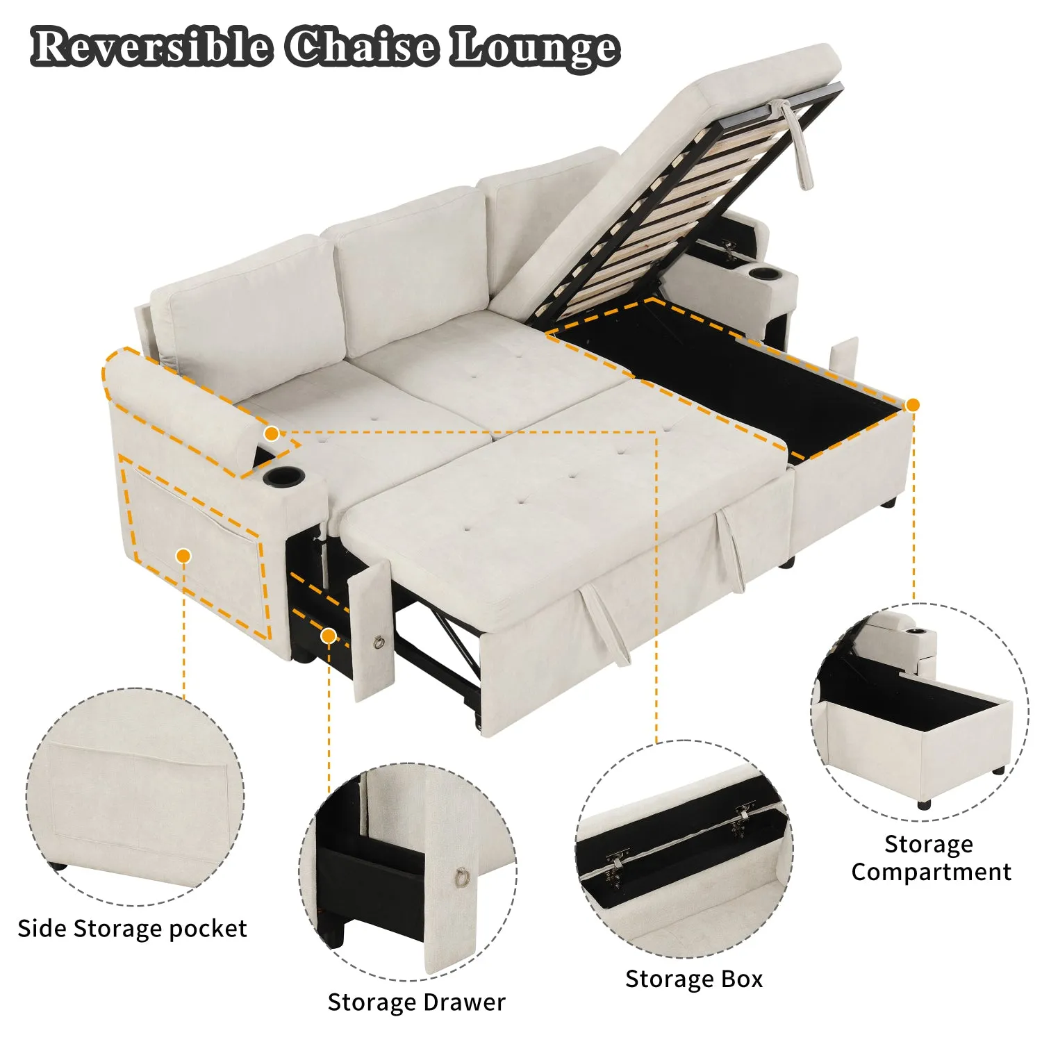 Streamdale L-Shaped Sofa Bed with Storage, Cup Holders & USB