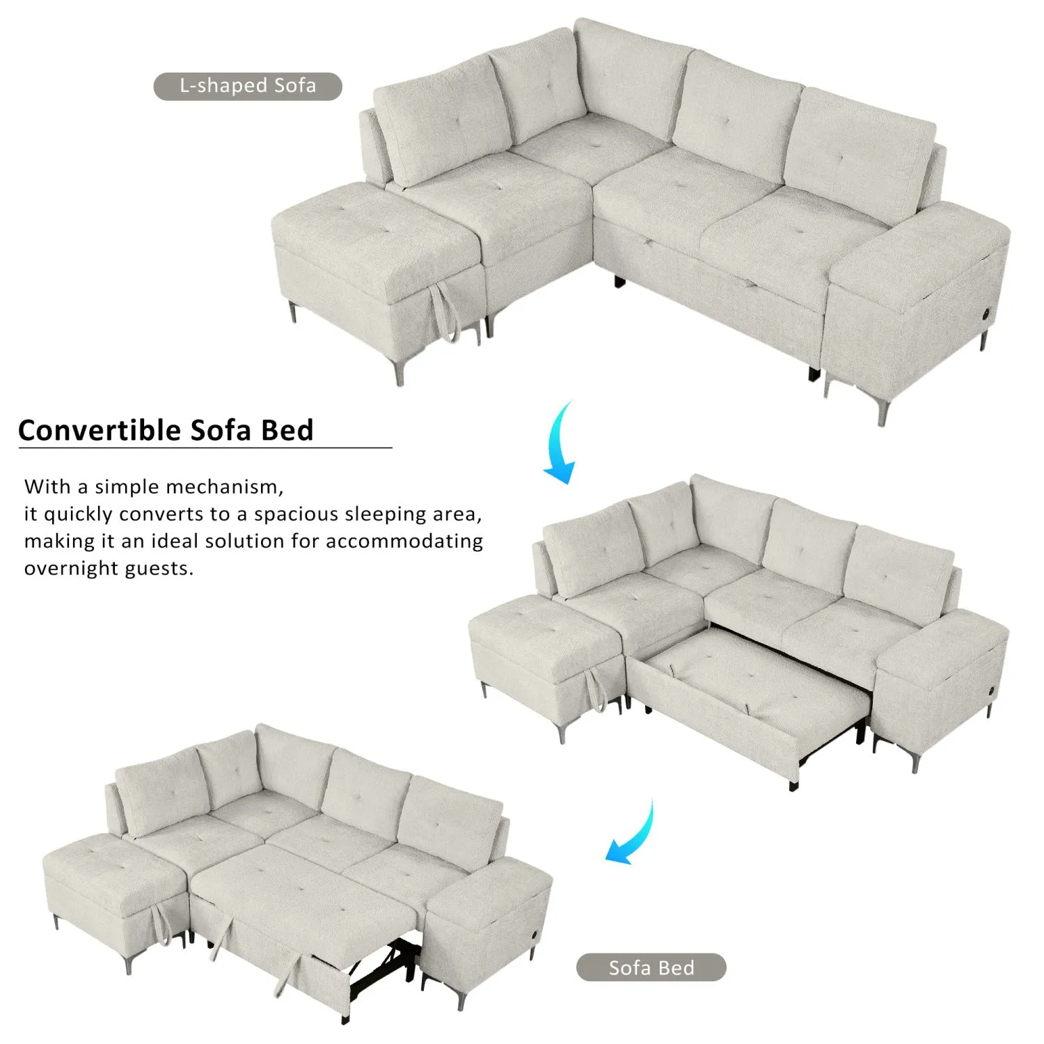 Streamdale L-Shaped Sofa Bed with Storage, Cup Holders & USB