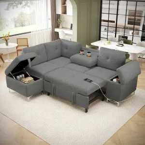 Streamdale L-Shaped Sofa Bed with Storage, Cup Holders & USB