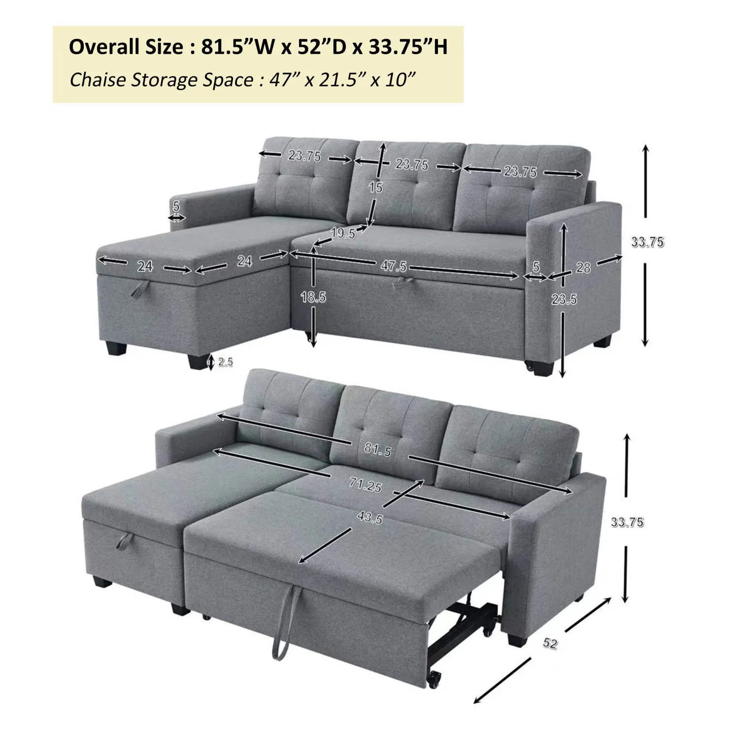 Streamdale Light Grey Pull Out Sectional Sofa with Storage