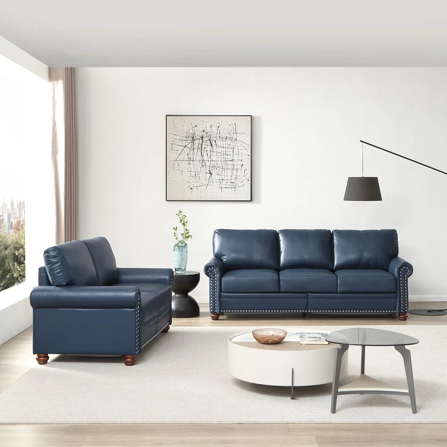 Streamdale Living Room Sofa with Storage Sofa 2 3 Sectional Navy Blue Faux Leather