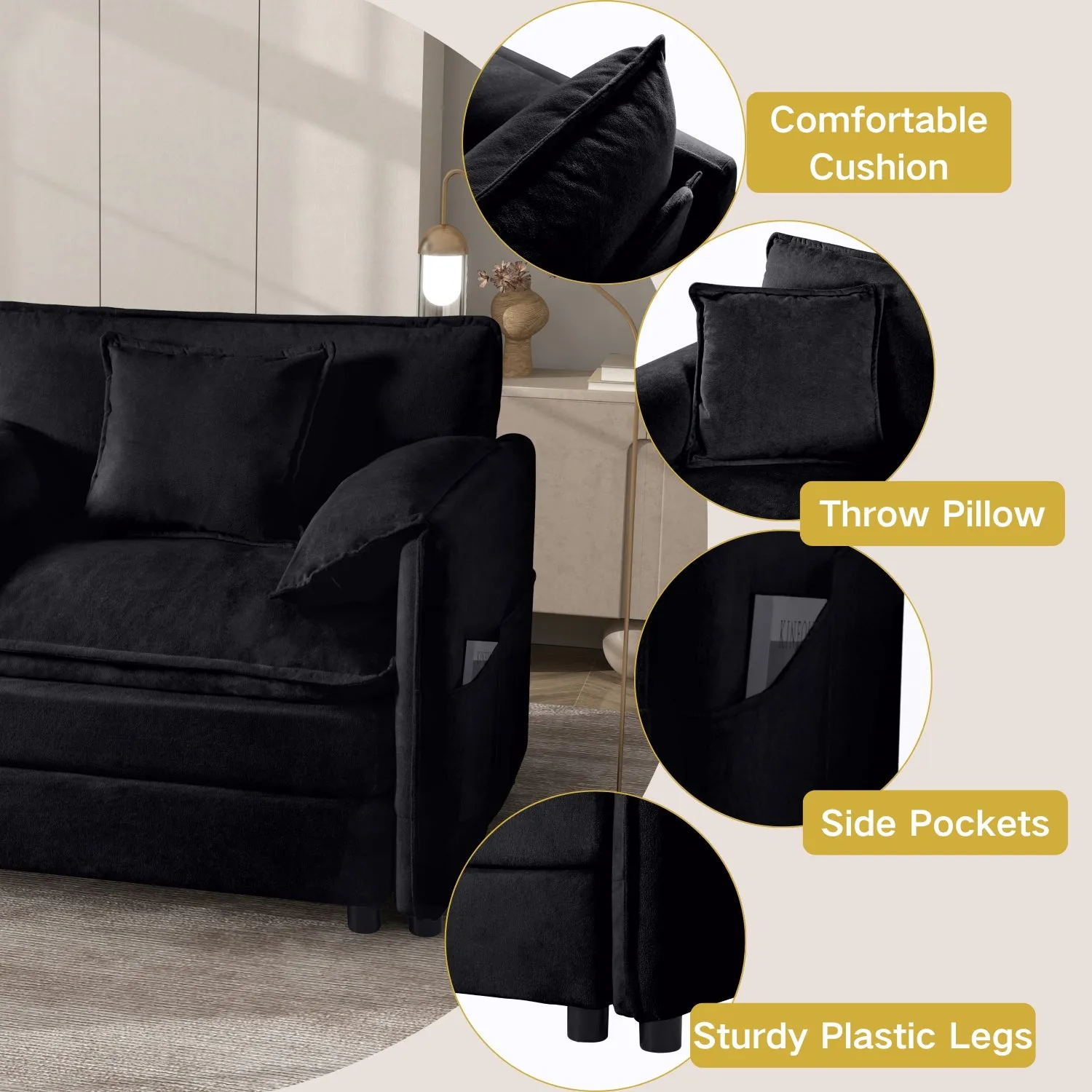 Streamdale Luxury Chenille Loveseat & Armchair Set - Black