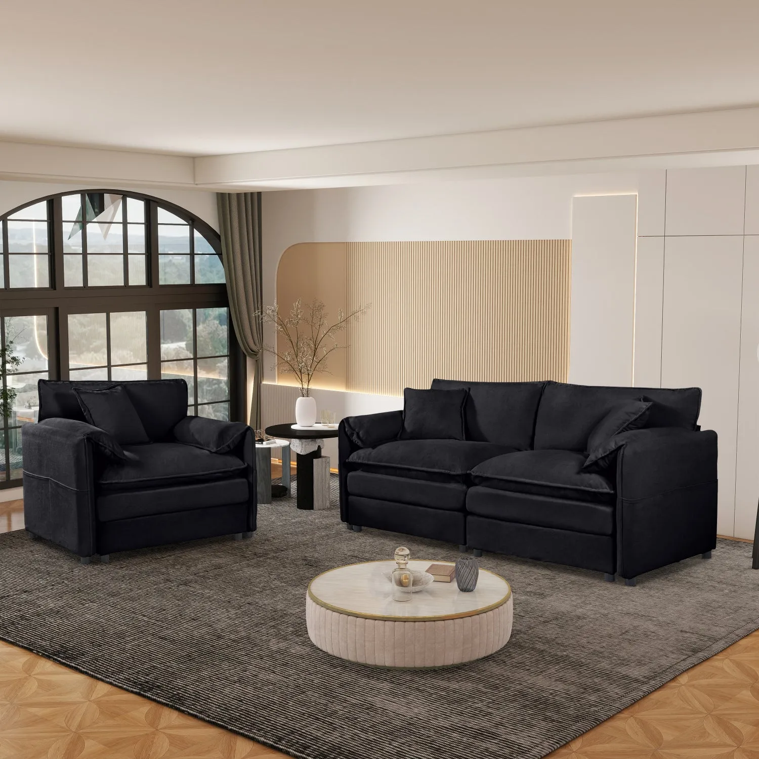 Streamdale Luxury Chenille Loveseat & Armchair Set - Black