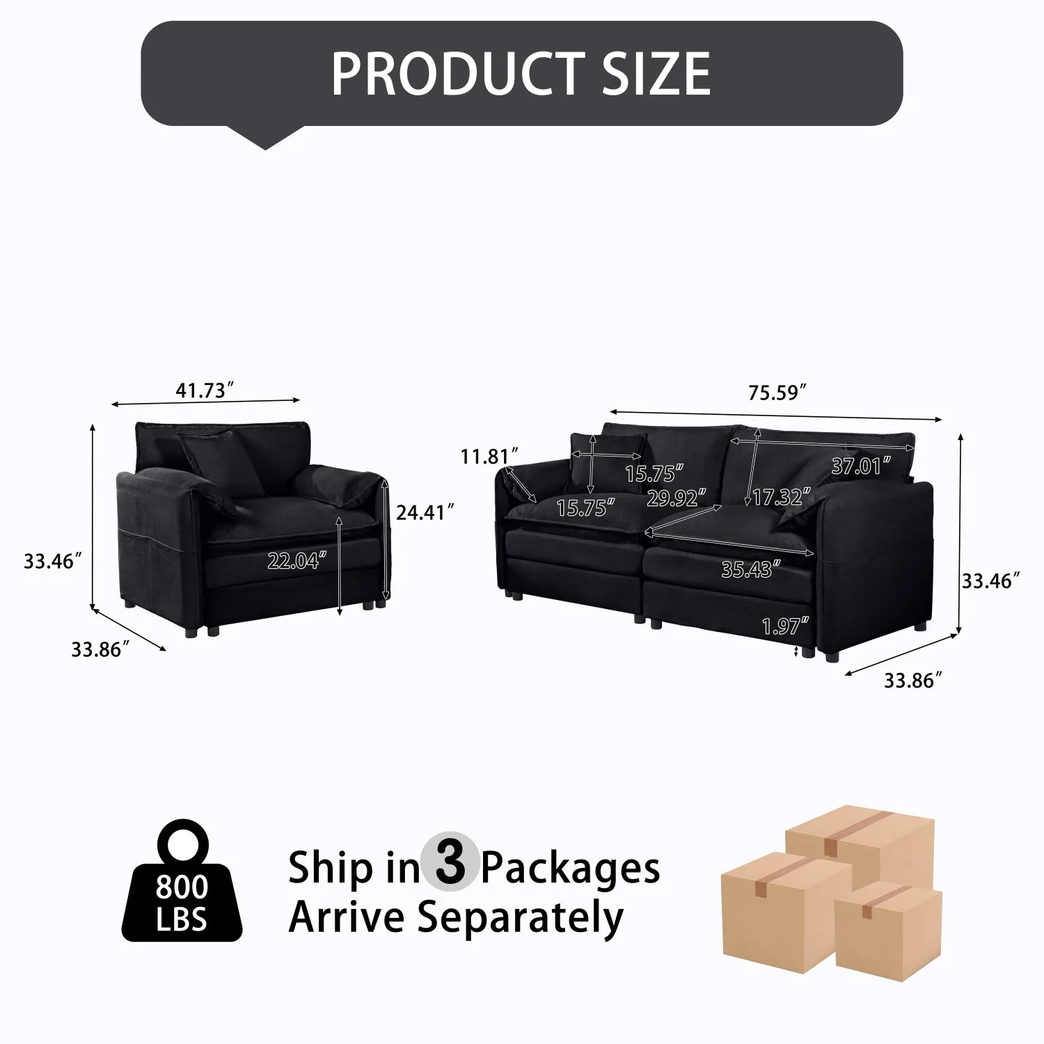 Streamdale Luxury Chenille Loveseat & Armchair Set - Black