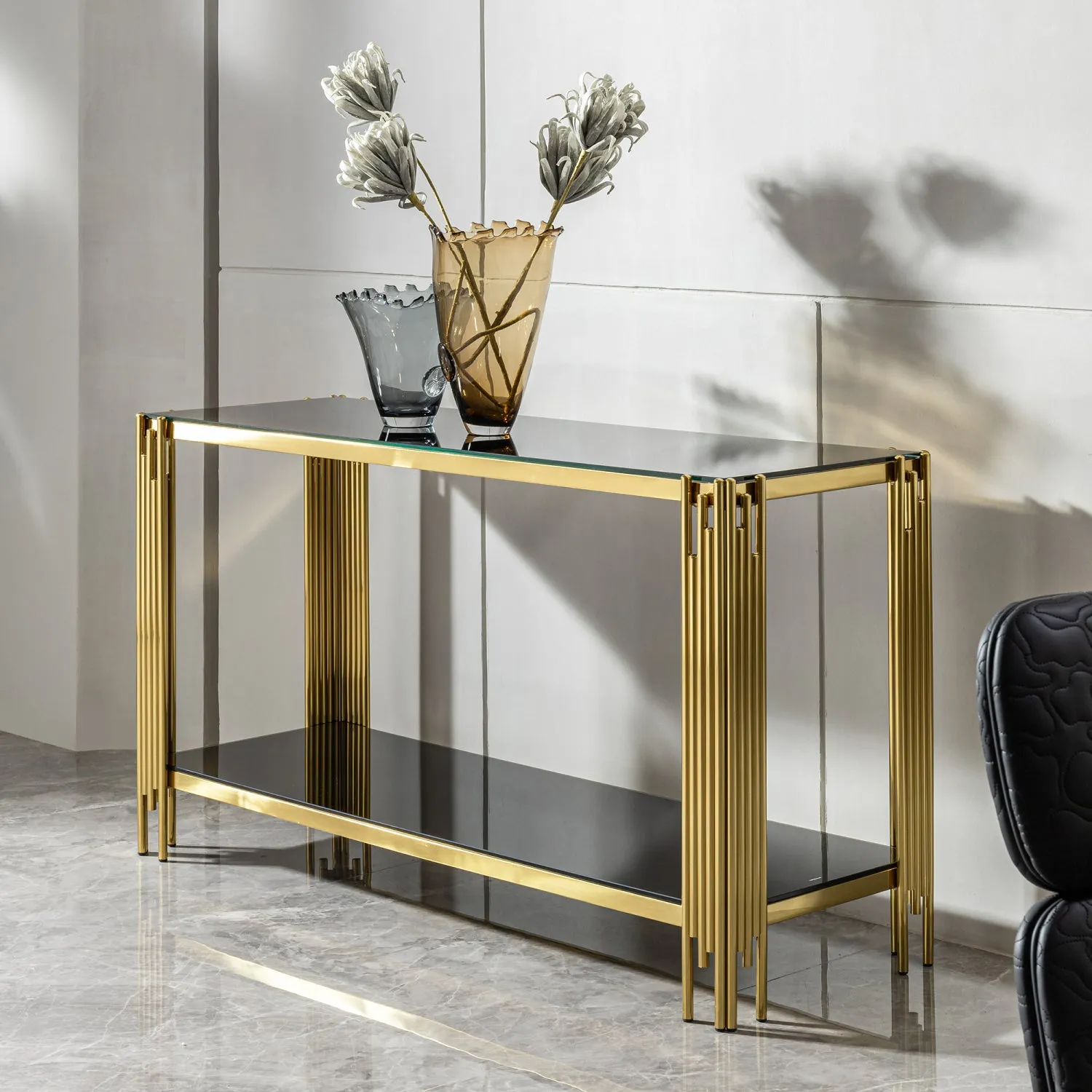 Streamdale Modern glass top mirror gold stainless steel console table for living room