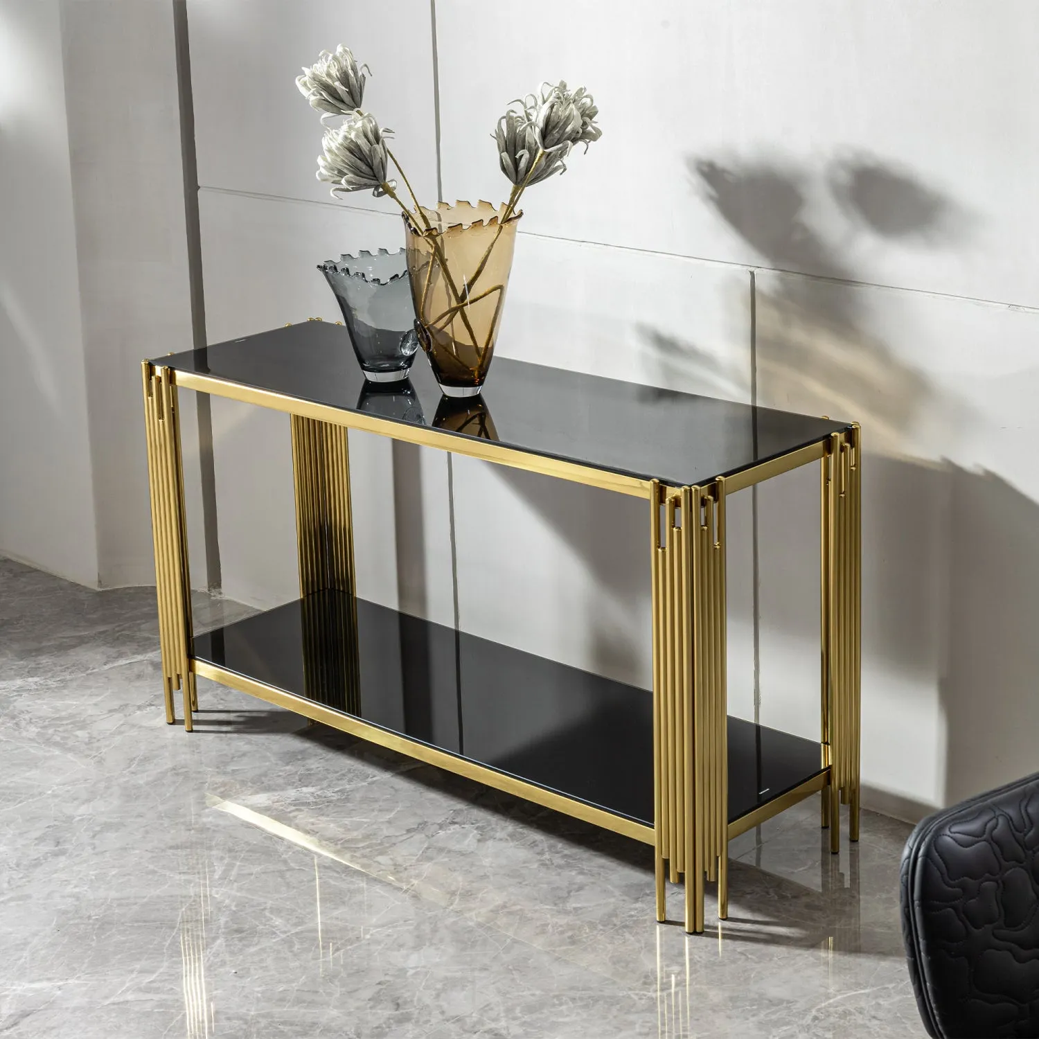 Streamdale Modern glass top mirror gold stainless steel console table for living room