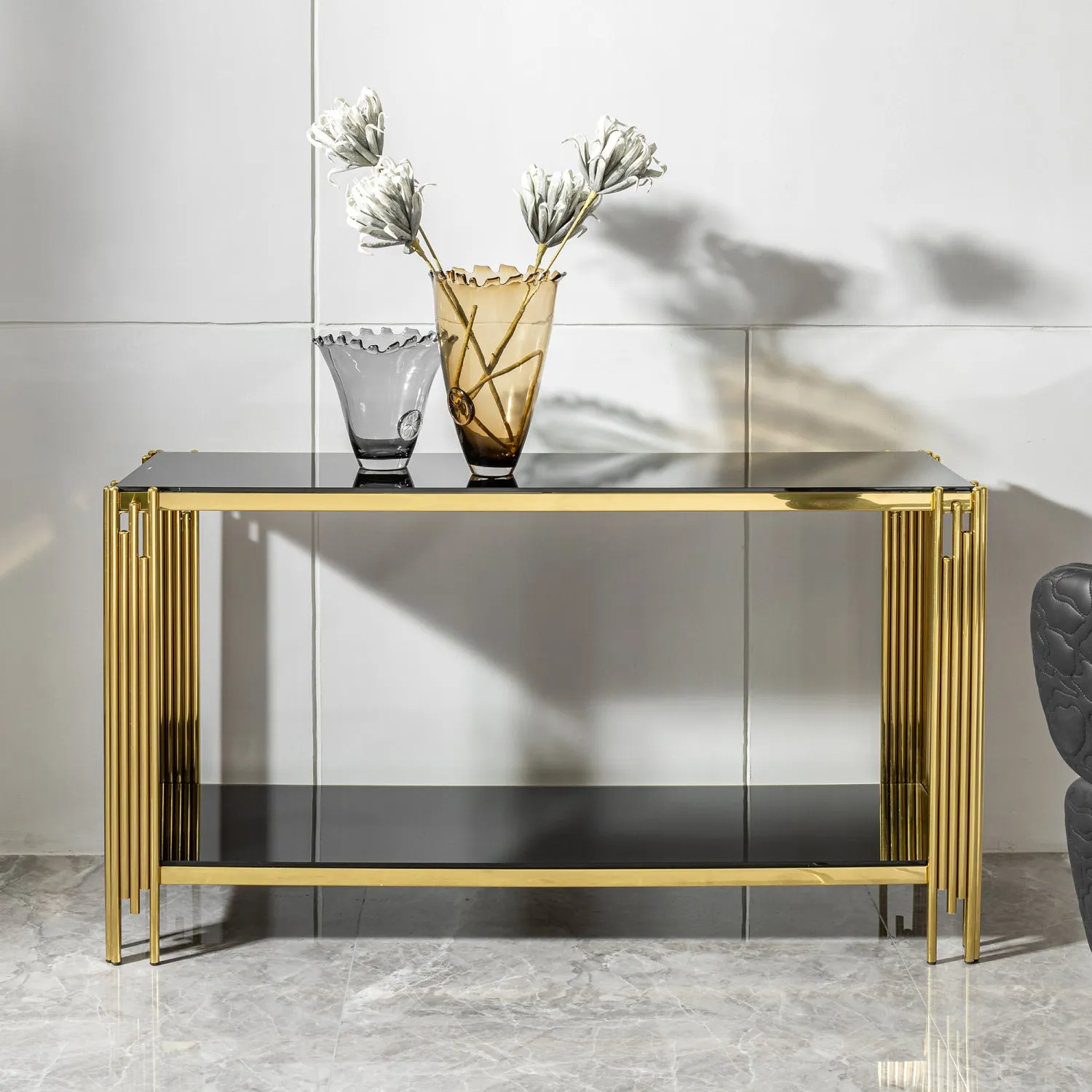 Streamdale Modern glass top mirror gold stainless steel console table for living room