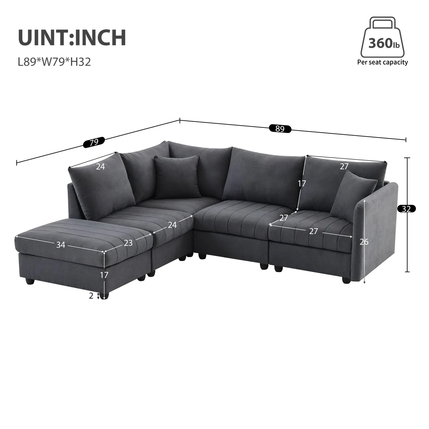 Streamdale Modern Modular Sectional Sofa w/ Ottoman & Pillows