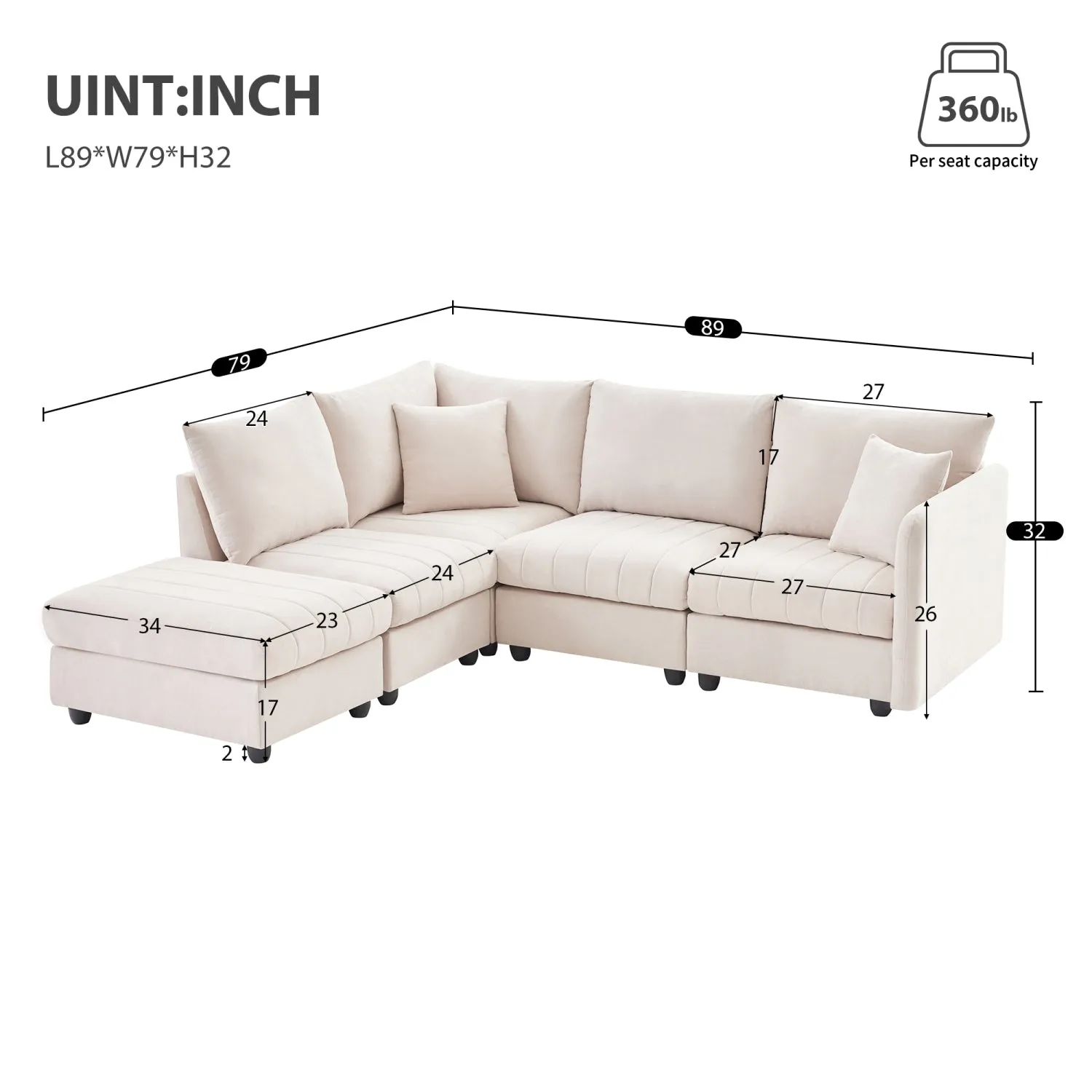 Streamdale Modern Modular Sectional Sofa w/ Ottoman & Pillows