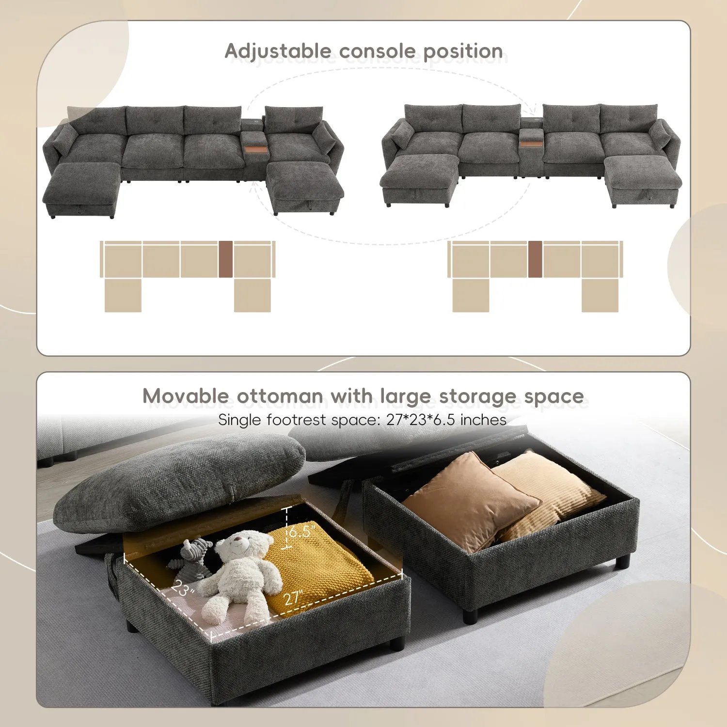 Streamdale Modular Sectional Sofa w/ Ottoman, Console, USB Charger