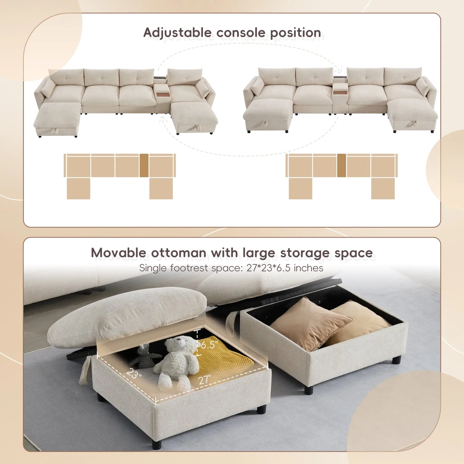 Streamdale Modular Sectional Sofa w/ Ottoman, Console, USB Charger