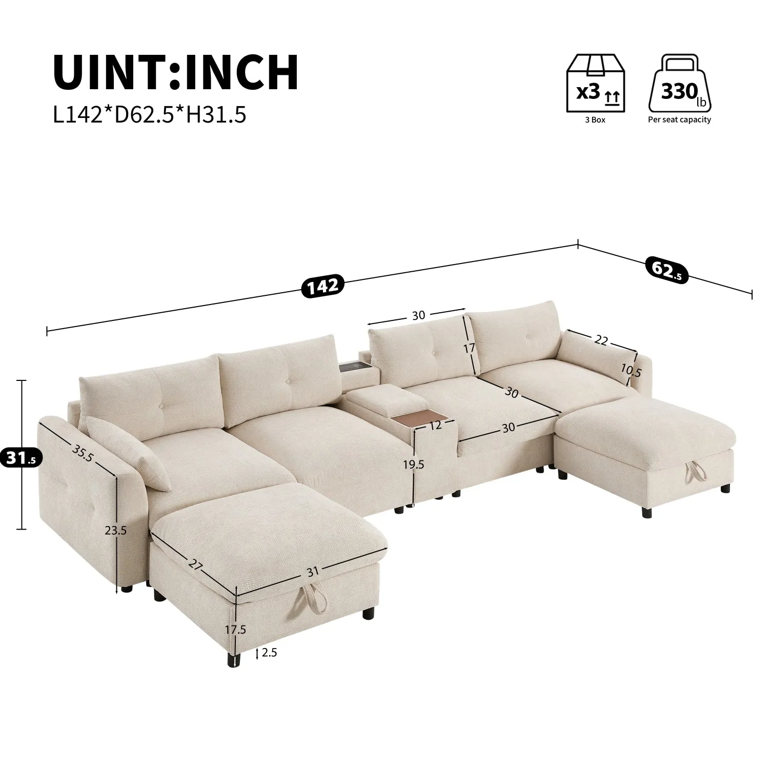 Streamdale Modular Sectional Sofa w/ Ottoman, Console, USB Charger