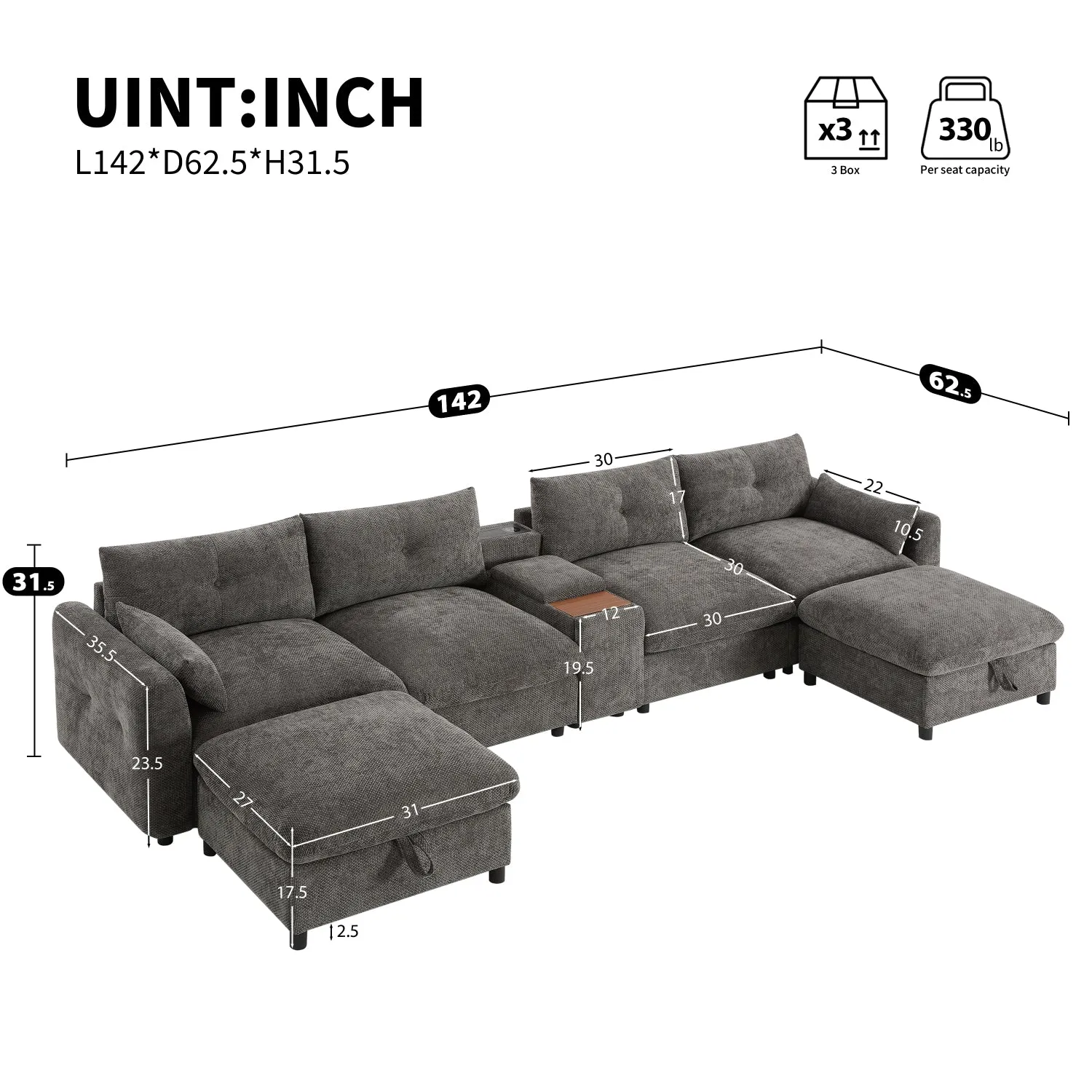 Streamdale Modular Sectional Sofa w/ Ottoman, Console, USB Charger