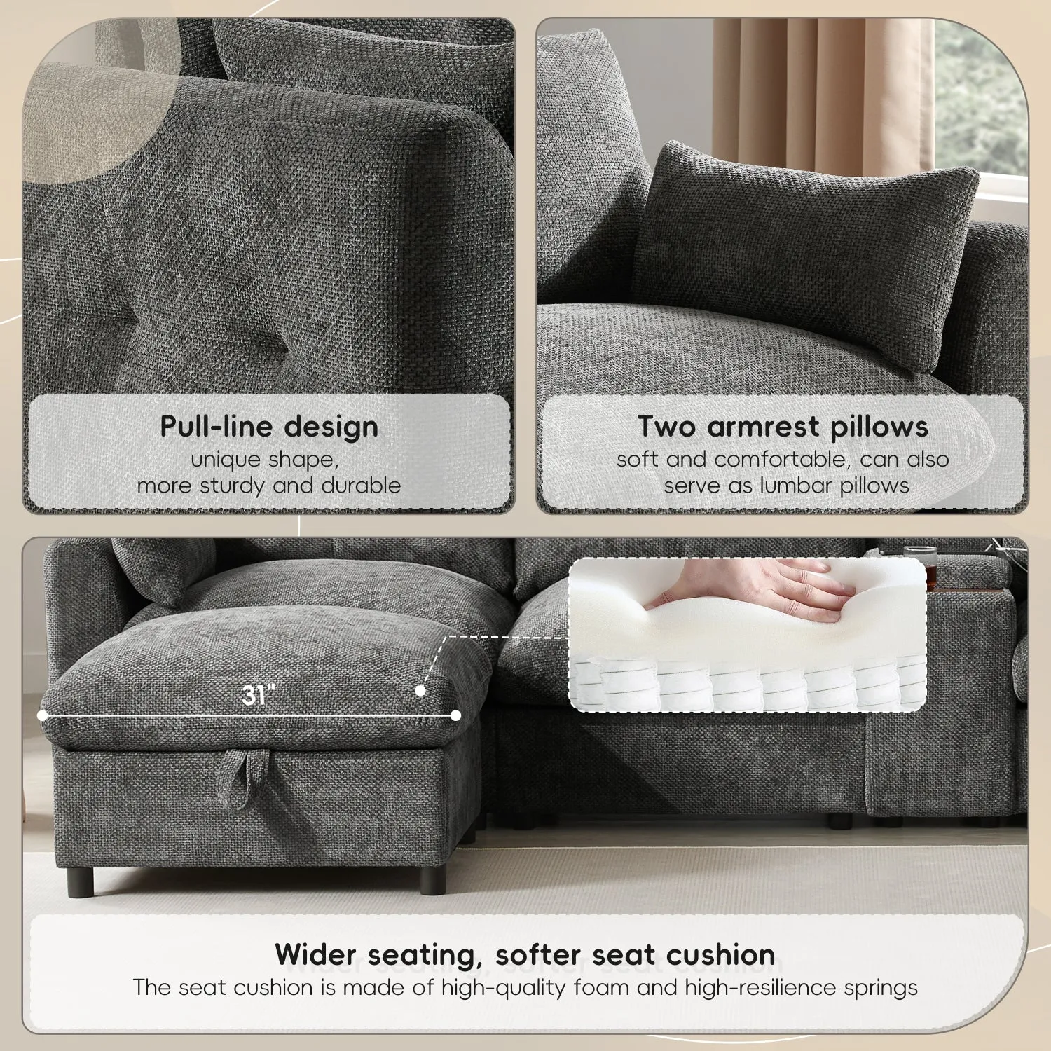 Streamdale Modular Sectional Sofa w/ Ottoman, Console, USB Charger