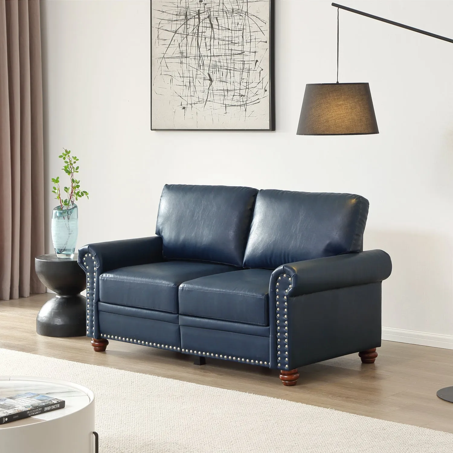 Streamdale Navy Faux Leather Sofa Loveseat Silver Nails