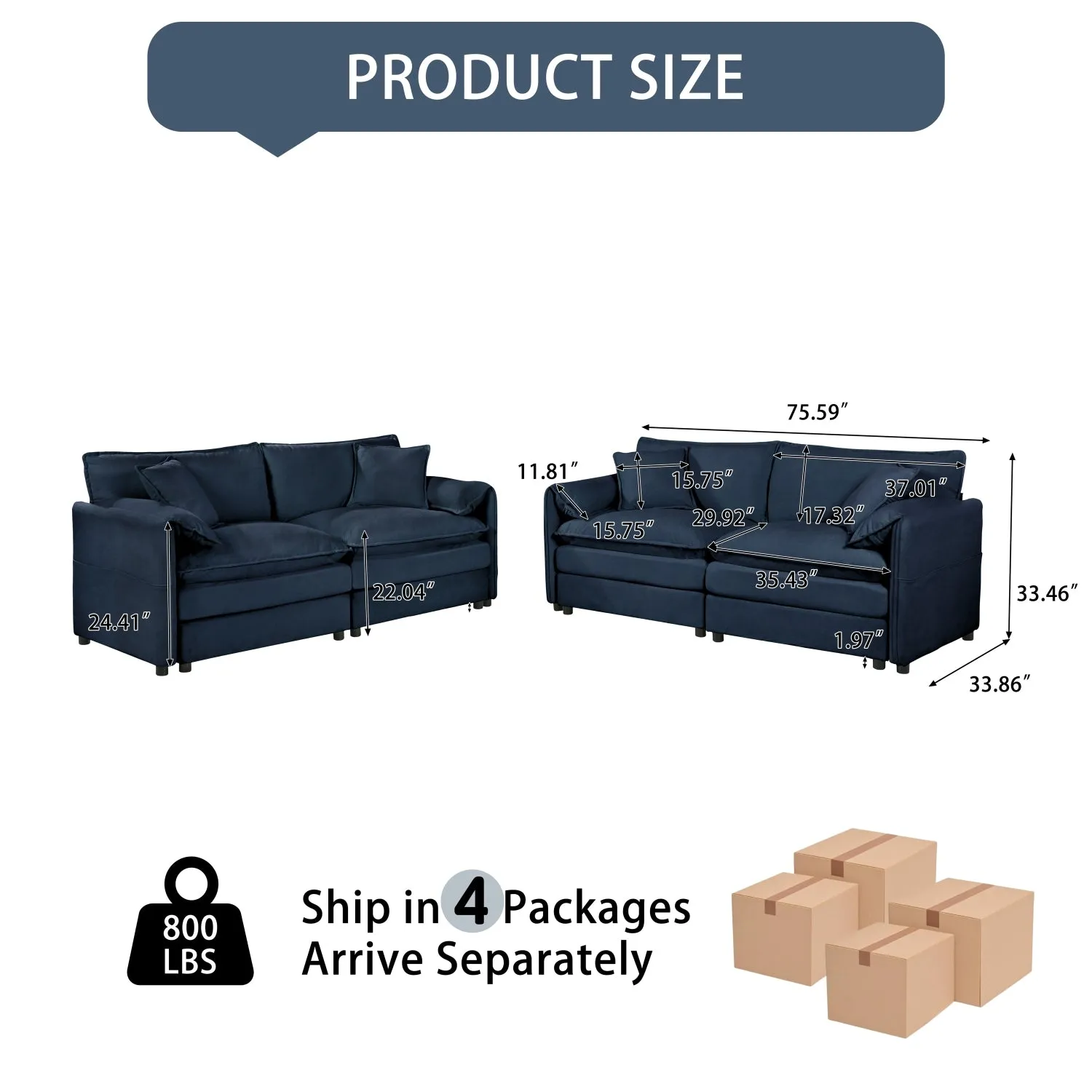 Streamdale Oversized Chenille Sofa Set: Deep Seat, Comfy Cloud Style, Blue