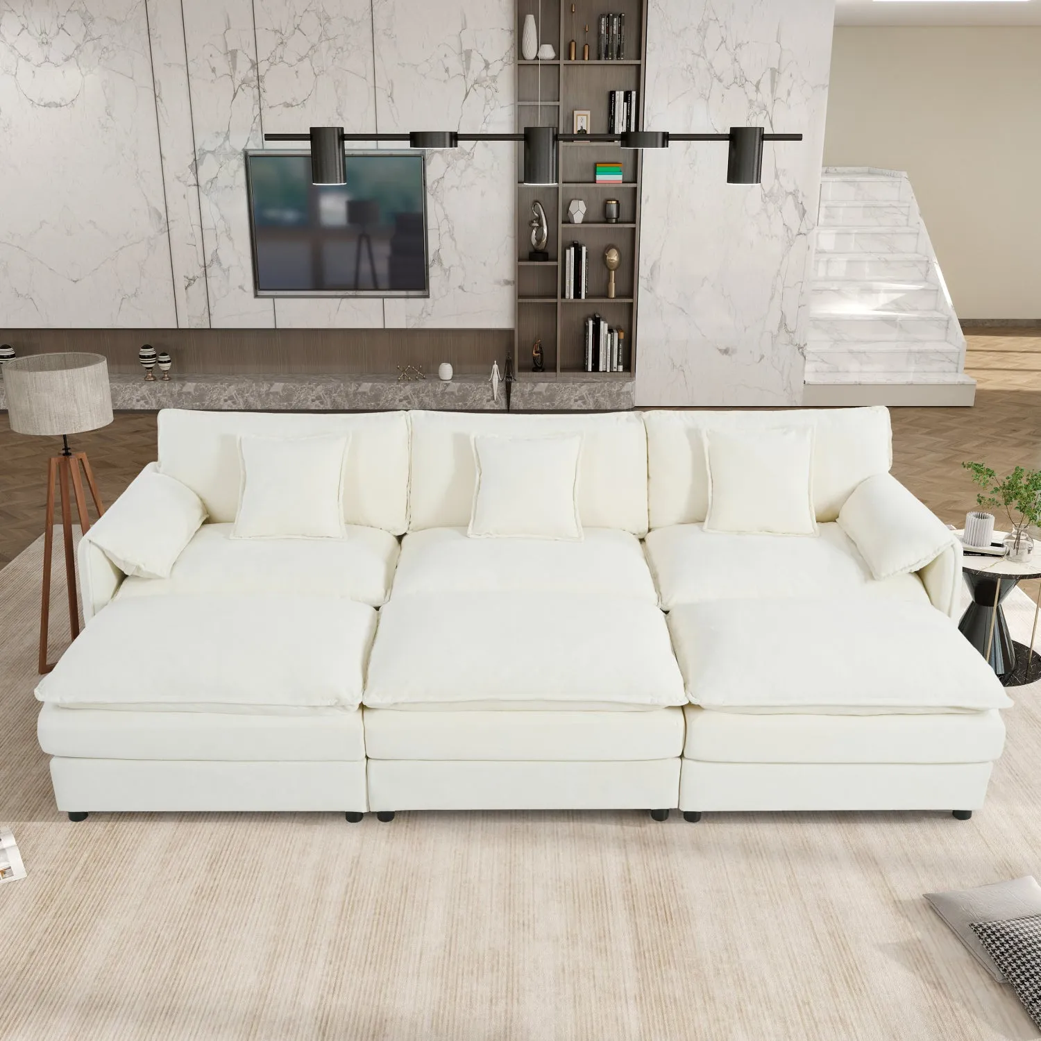 Streamdale Oversized Cloud Sectional Sofa Sleeper w/ Ottomans & Pillows - Beige