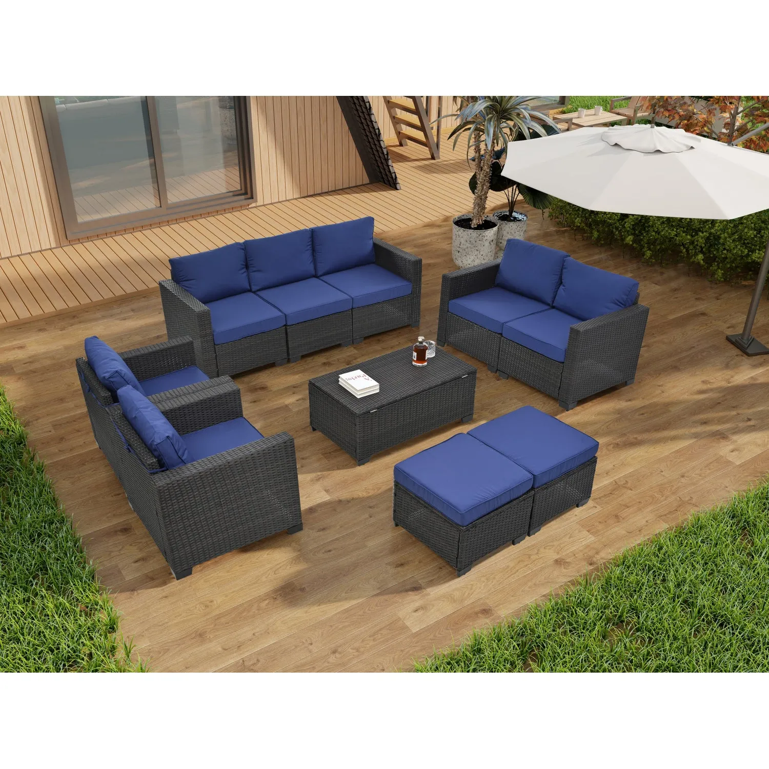 Streamdale PE Rattan Patio Furniture Set, Sectional Sofa, Cushions & Glass Table