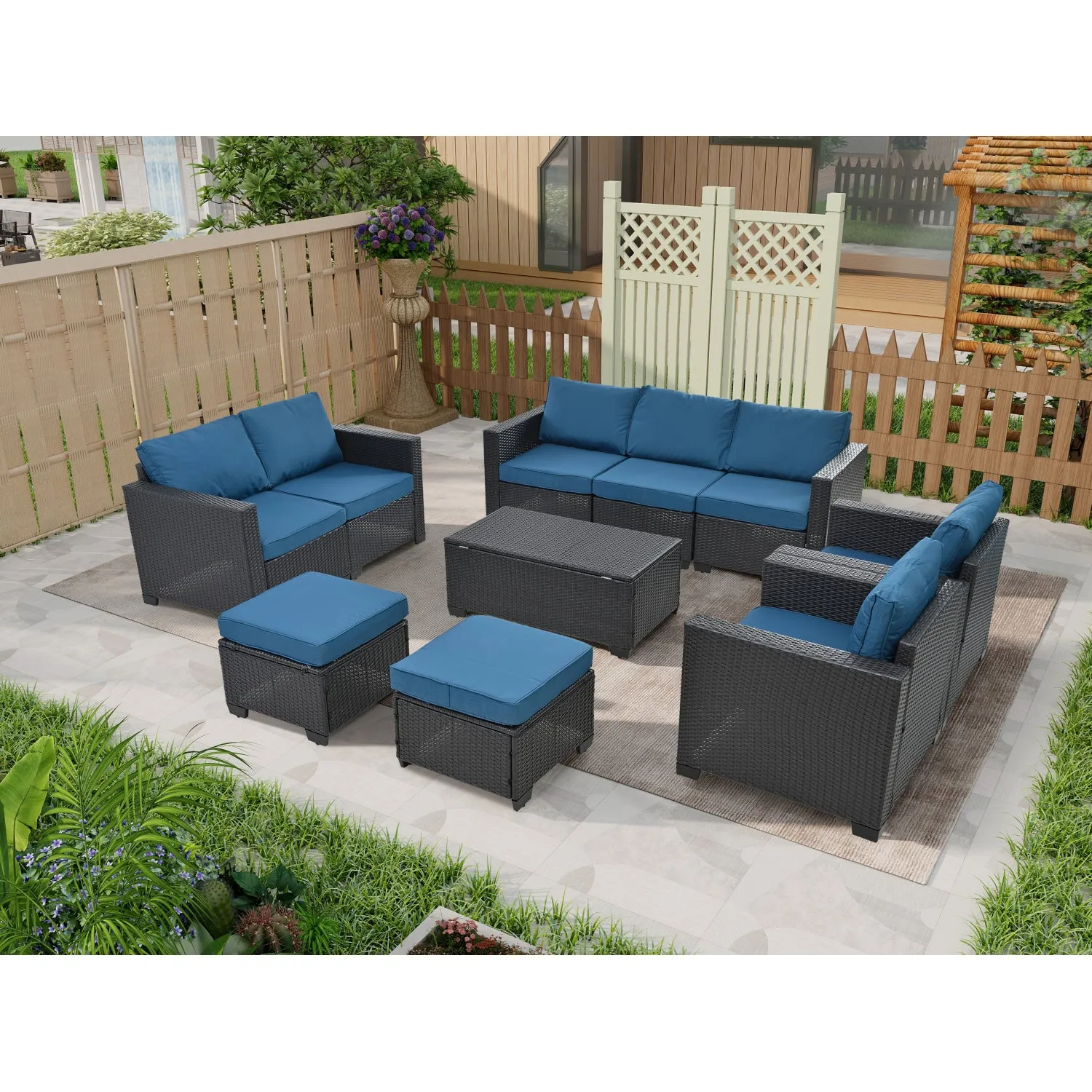Streamdale PE Rattan Patio Furniture Set, Sectional Sofa, Cushions & Glass Table