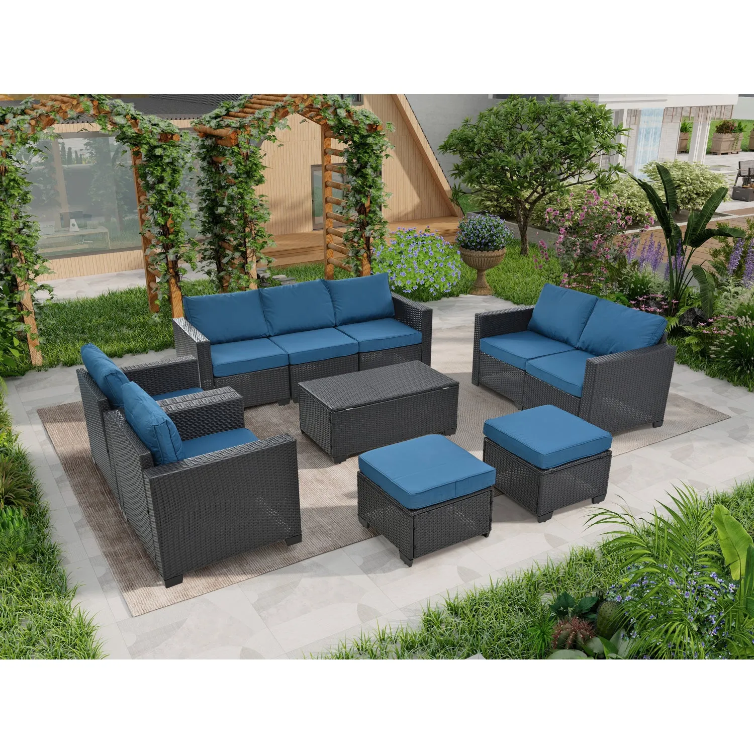 Streamdale PE Rattan Patio Furniture Set, Sectional Sofa, Cushions & Glass Table