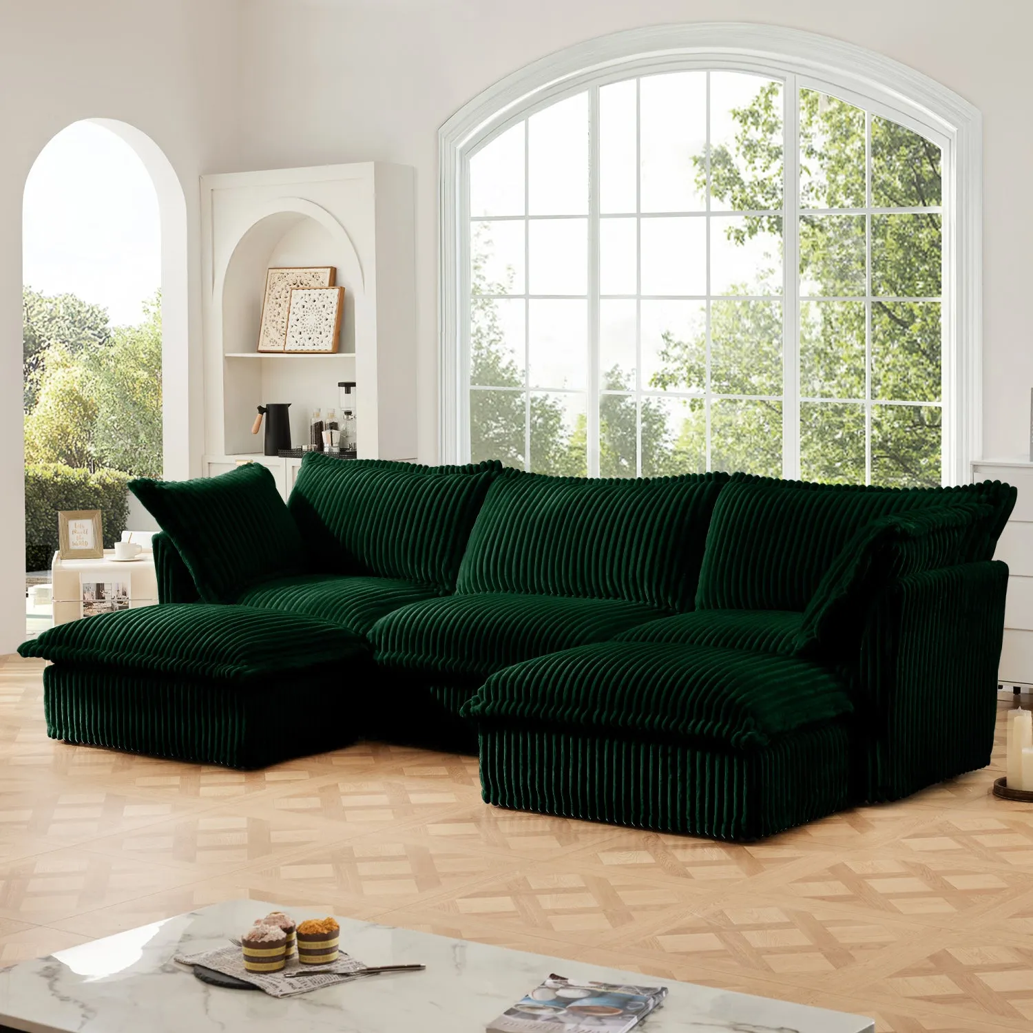 Streamdale Slipcovered U Shape Sectional Sofa, Deep Seat, Green