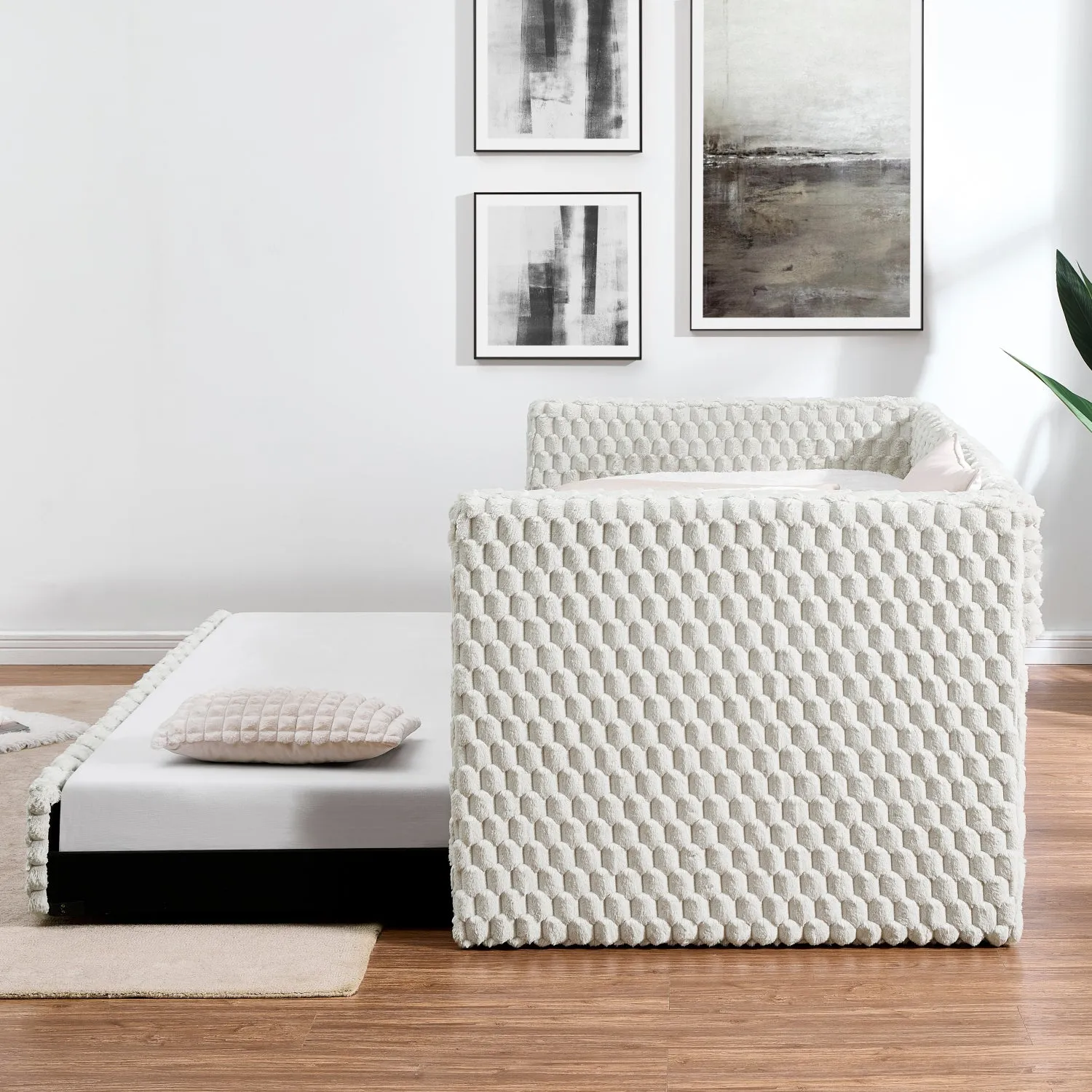 Streamdale Twin Daybed Sofa Bed Pull-Out, Plaid Corduroy Beige