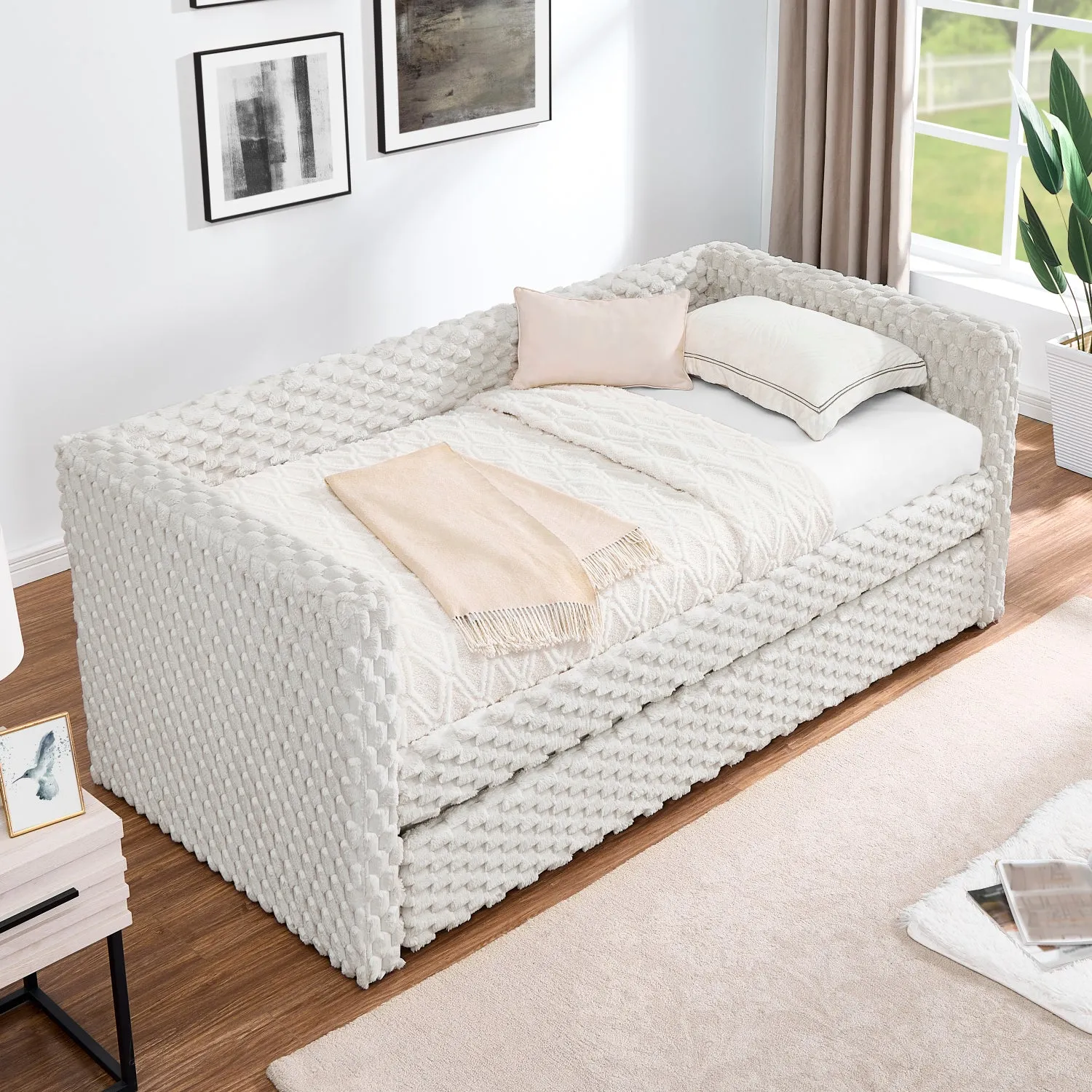 Streamdale Twin Daybed Sofa Bed Pull-Out, Plaid Corduroy Beige