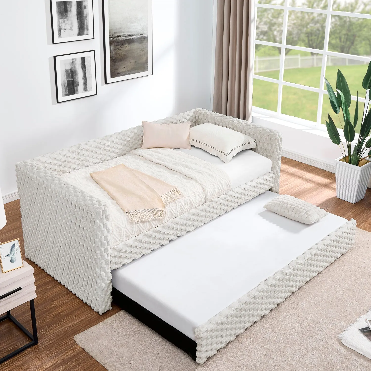 Streamdale Twin Daybed Sofa Bed Pull-Out, Plaid Corduroy Beige