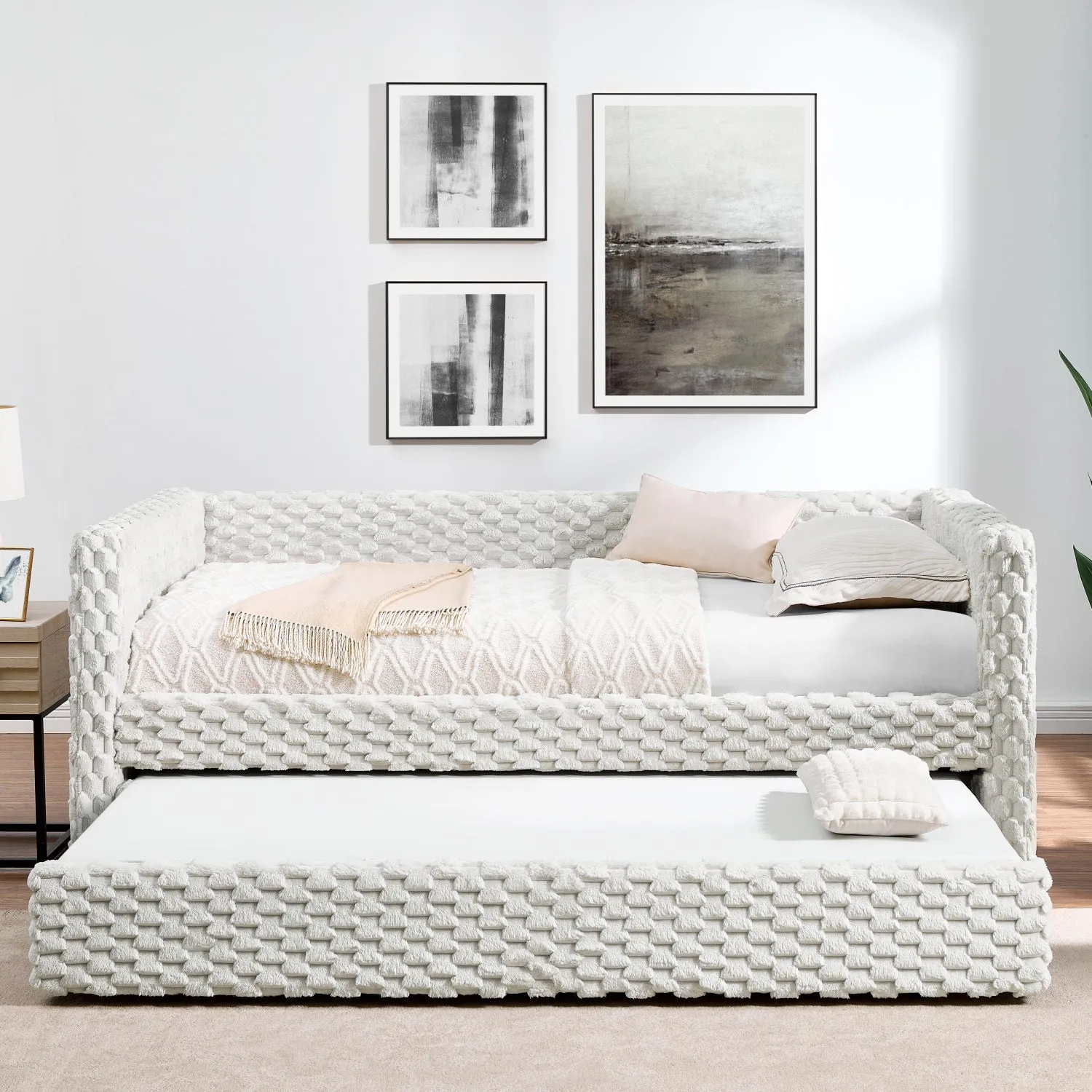 Streamdale Twin Daybed Sofa Bed Pull-Out, Plaid Corduroy Beige