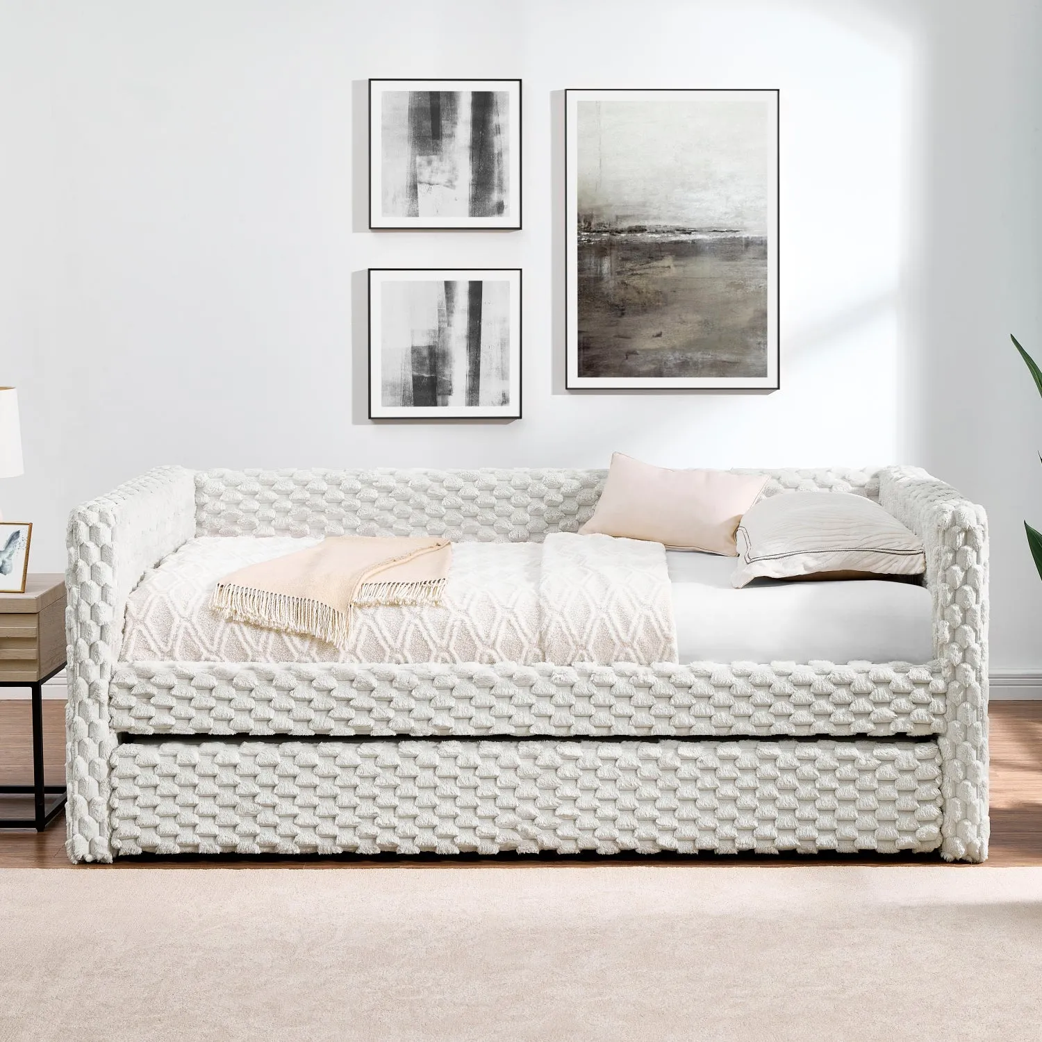 Streamdale Twin Daybed Sofa Bed Pull-Out, Plaid Corduroy Beige