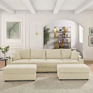 Streamdale U-Shaped Beige Corduroy Couch with Storage Ottomans