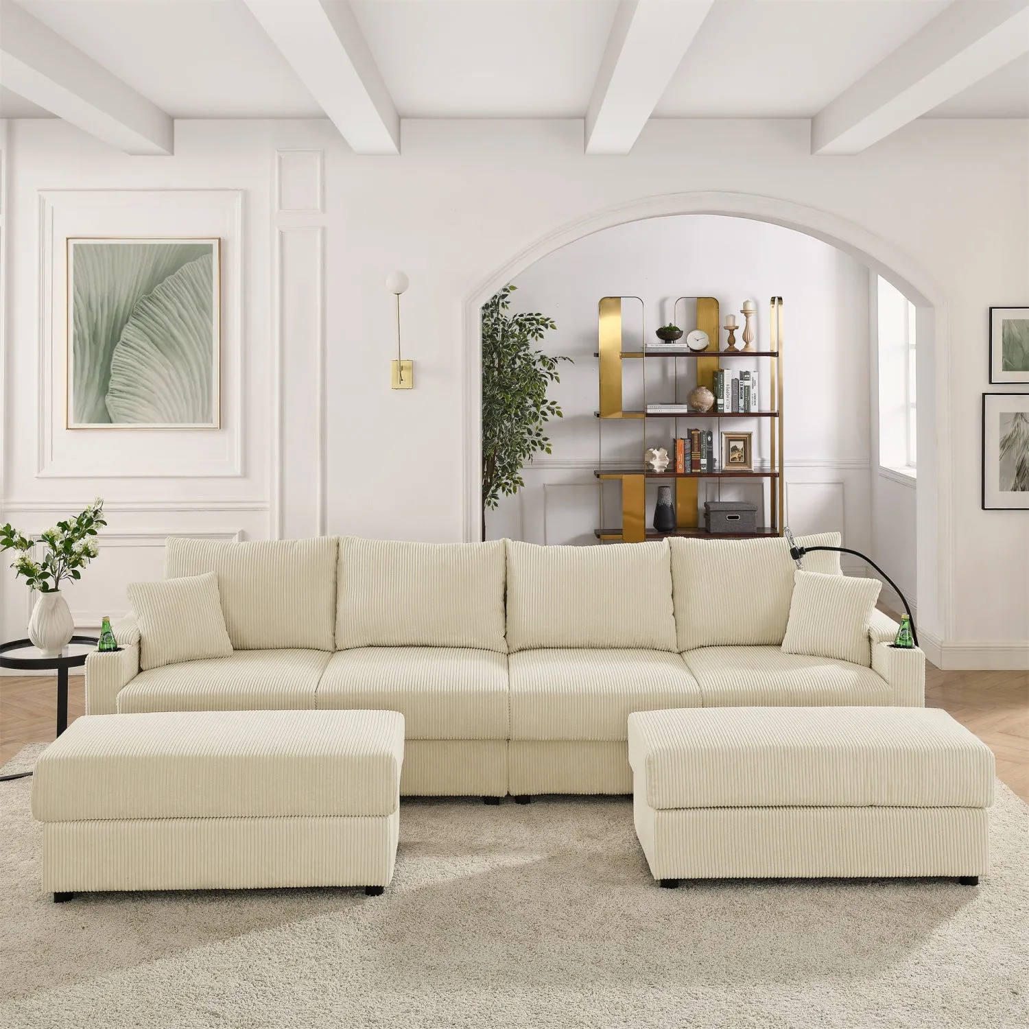 Streamdale U-Shaped Beige Corduroy Couch with Storage Ottomans